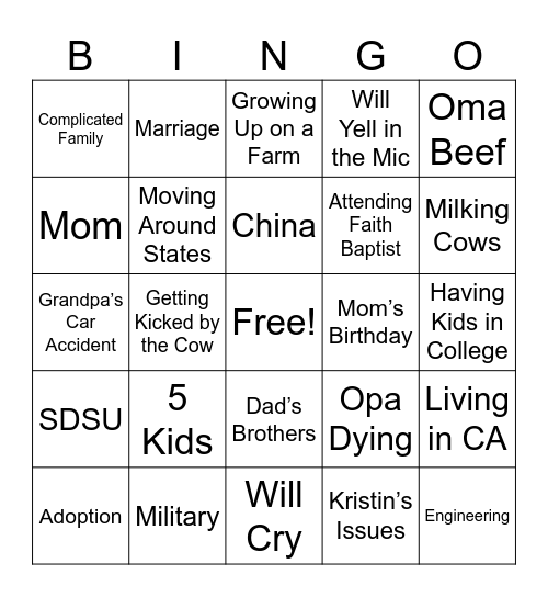 Dad’s Testimony BINGO Card