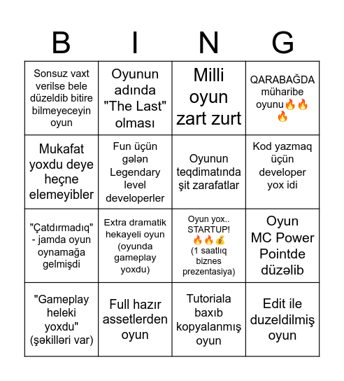 Azerbaycan Gamedev Bingo Card