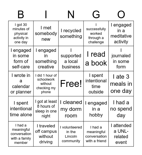Well-Being Bingo Card
