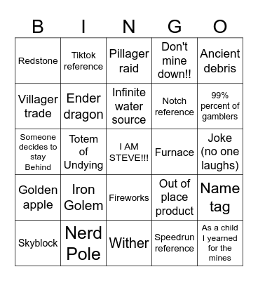 Minecraft Movie Bingo Card