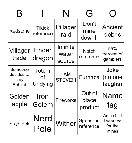 Minecraft Movie Bingo Card