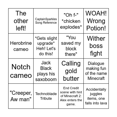 Minecraft Movie Bingo Card