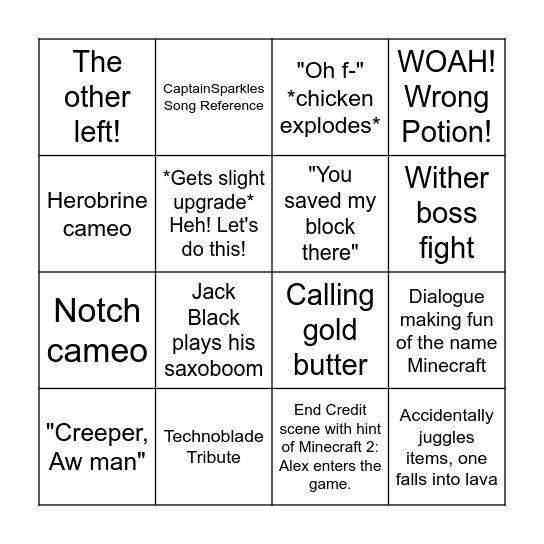 Minecraft Movie Bingo Card