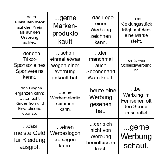 WERBUNG - Finde jemanden, der / die Bingo Card