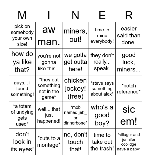 Minecraft Movie Bingo Card