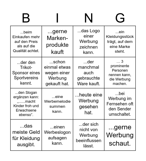 WERBUNG - Finde jemanden, der / die Bingo Card