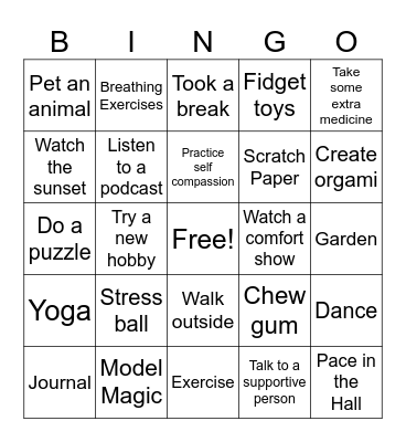 Coping Skills Bingo Card