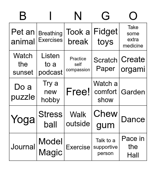 Coping Skills Bingo Card