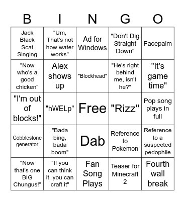 Minecraft Movie Predictions Bingo Card