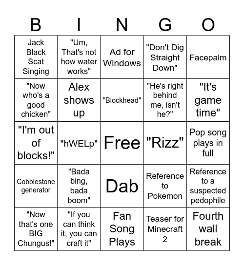 Minecraft Movie Predictions Bingo Card