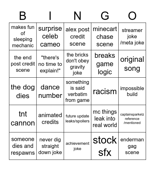 minecraft movie bingo card Bingo Card