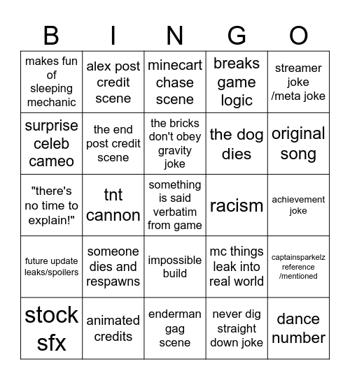 minecraft movie bingo card Bingo Card