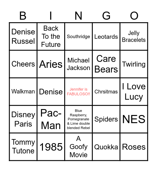 Jennifer's 14 going on 40 B-DAY! Bingo Card