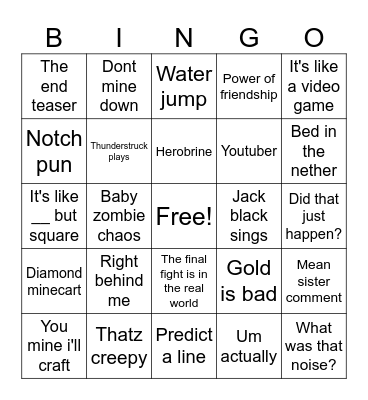 Minecraft movie Bingo Card