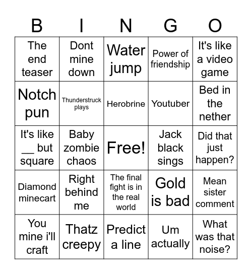 Minecraft movie Bingo Card