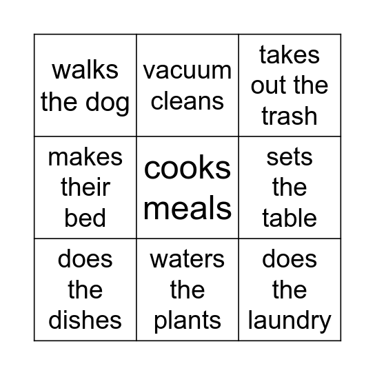 Household Chores Bingo Card