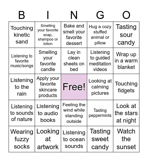Self-Soothe Bingo Card