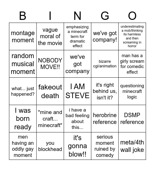 MINECRAFT MOVIE Bingo Card