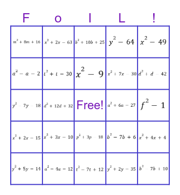 Multiplying Binomials Bingo Card