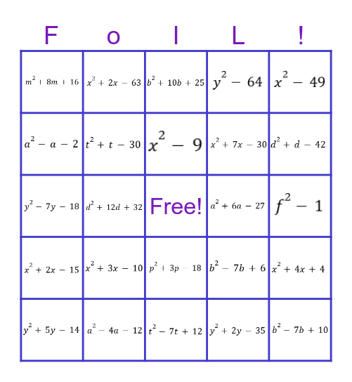 Multiplying Binomials Bingo Card