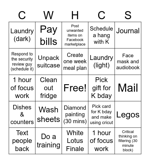 Avoidance Bingo Card