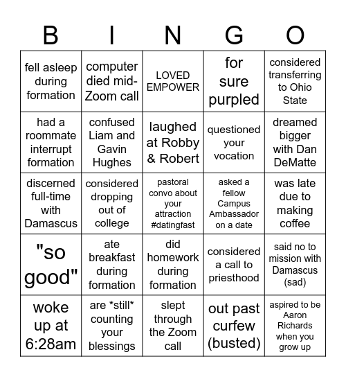 Campus Ambassador Bingo Card