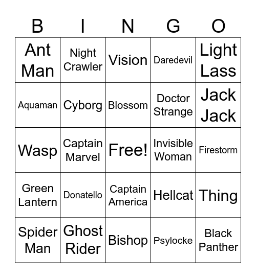 Super Hero Bingo Card