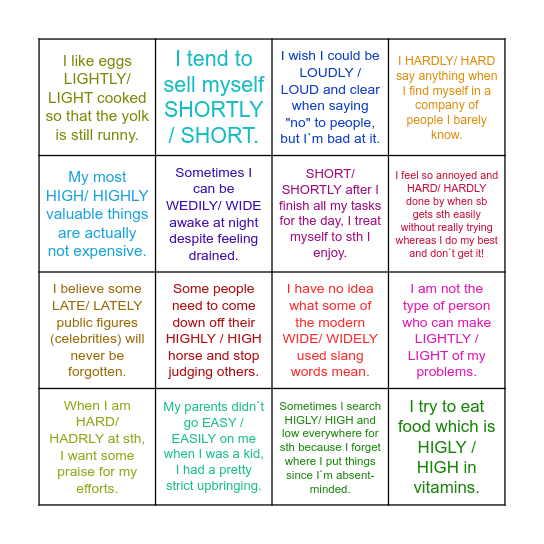 adverbs Bingo Card