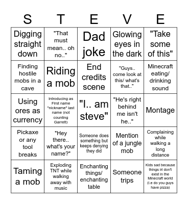 MINECRAFT MOVIE Bingo Card