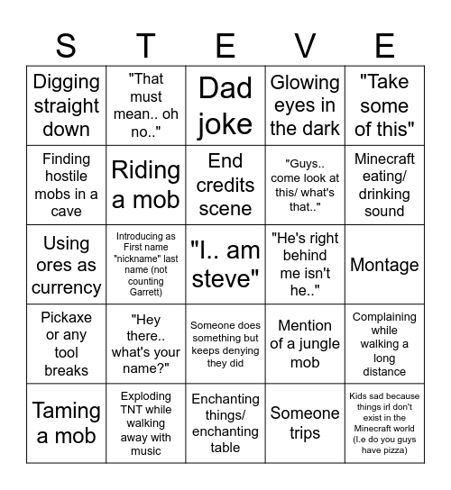 MINECRAFT MOVIE Bingo Card