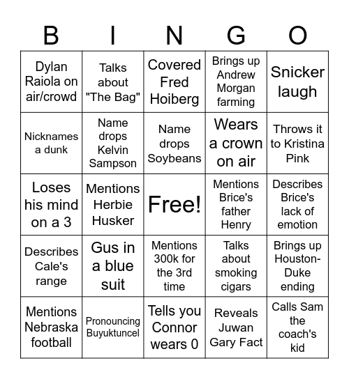 Gus Johnson Crown Bingo Card