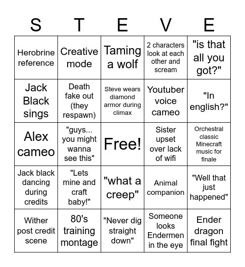 A Minecraft Movie Bingo Card
