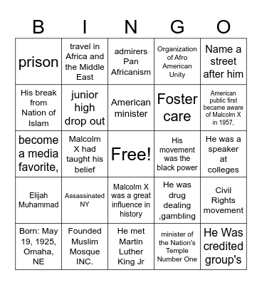 Malcolm X Bingo Card