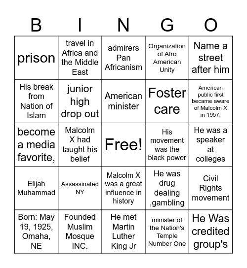 Malcolm X Bingo Card