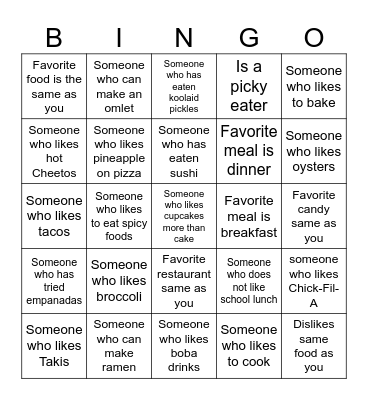 Get to Know You Bingo (Foods) Bingo Card
