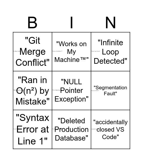 Software Development Bingo Card