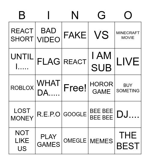 YOUTUBE BINGO Card