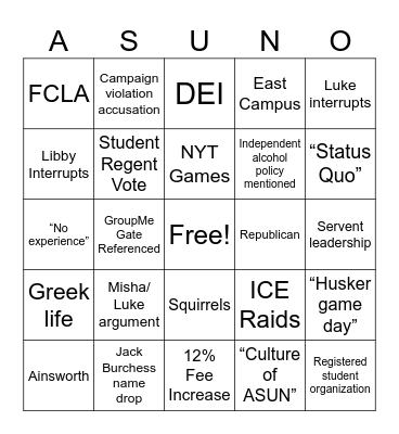 ASUN DEBATE BINGO Card