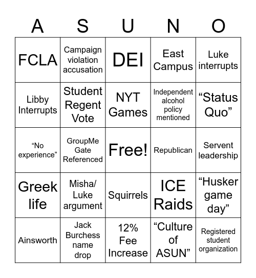 ASUN DEBATE BINGO Card