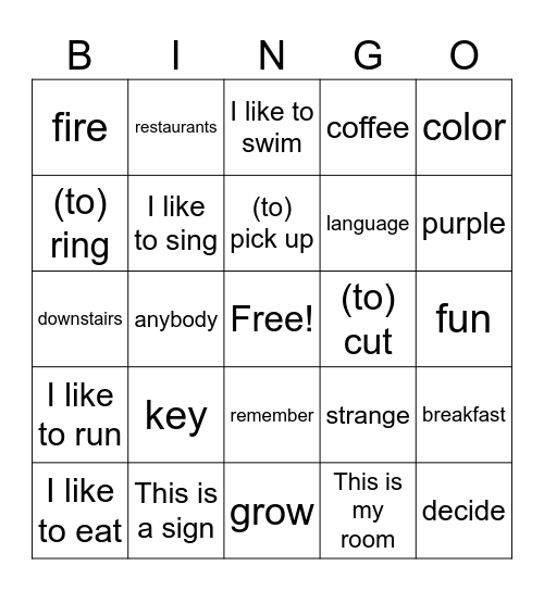 Unit 2, lesson one Bingo Card