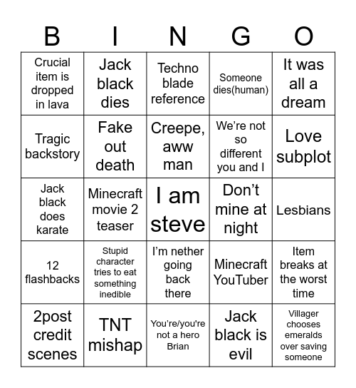 Mine craft Bingo Card