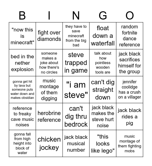 minecwaft movie Bingo Card