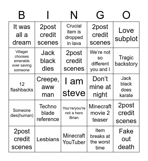 Mine craft Bingo Card