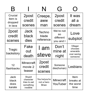 Mine craft Bingo Card