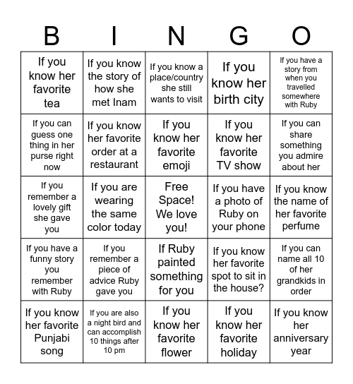 All About RUBY! Cross the Square... Bingo Card