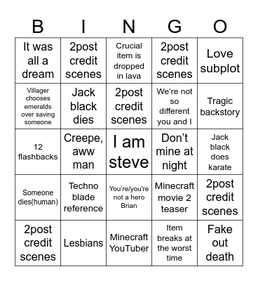 Mine craft Bingo Card