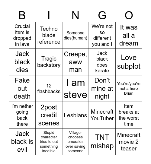 Mine craft Bingo Card