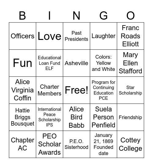 PEO Chapter AC Bingo Card