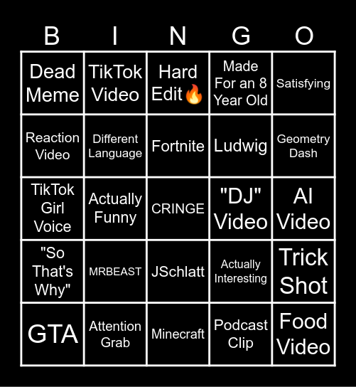 YouTube Shorts Bingo Card