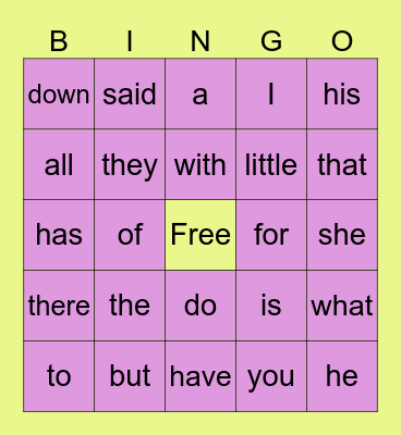 Sight Words Bingo Card